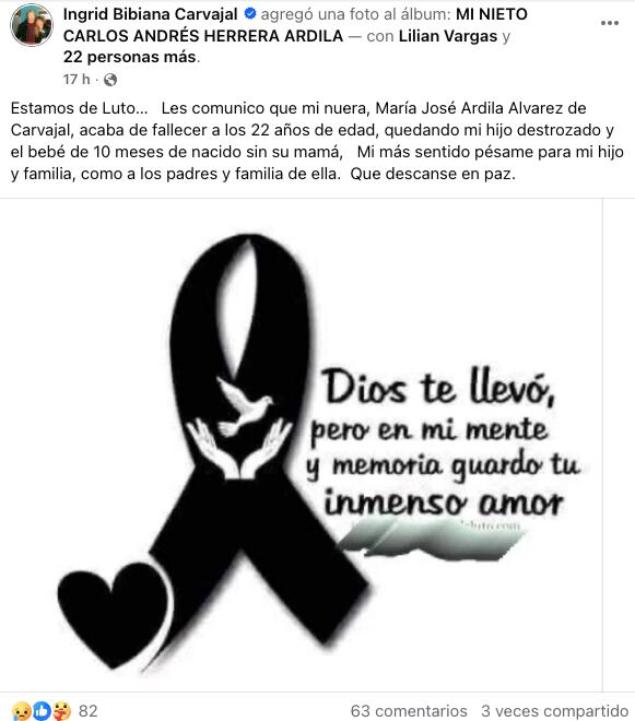 Publicación en Facebook de Ingrid Bibiana Carvajal, suegra de María José Ardila.