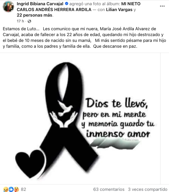 Publicación en Facebook de Ingrid Bibiana Carvajal, suegra de María José Ardila.