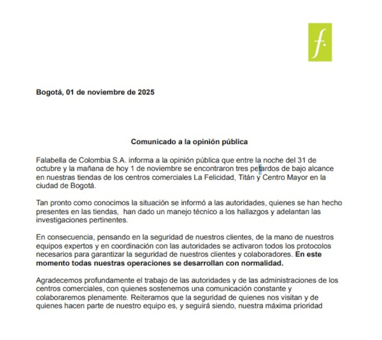 Falabella emitió un comunicado.