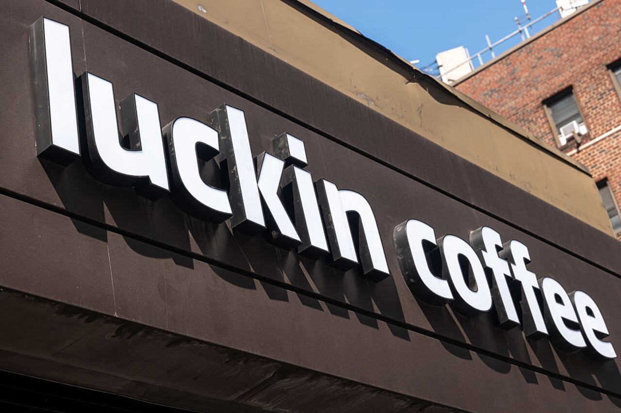NEW YORK, NEW YORK - SEPTEMBER 04: The sign for a Luckin Coffee shop in Manhattan on September 04, 2025, in New York City. The Chinese coffee chain has expanded over the past year, opening four stores in Manhattan during the summer, even as its main competitor, Starbucks, has been closing locations. (Photo by Spencer Platt/Getty Images)