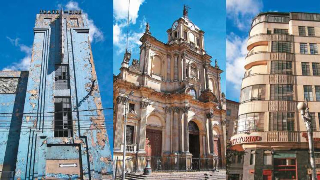 Las fachadas del Teatro San Jorge, la basílica del Voto Nacional y del edificio Camacho Matiz. Fotos: Wikicommoons