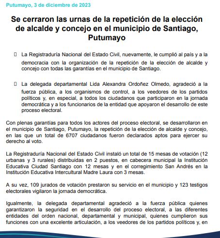 La Registraduría reportó normalidad en la repetición de las elecciones en Santiago Putumayo.