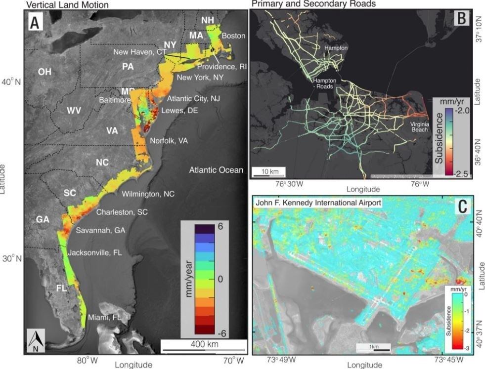 Las áreas amarillas, naranja y roja en estos mapas indican áreas de hundimiento.
