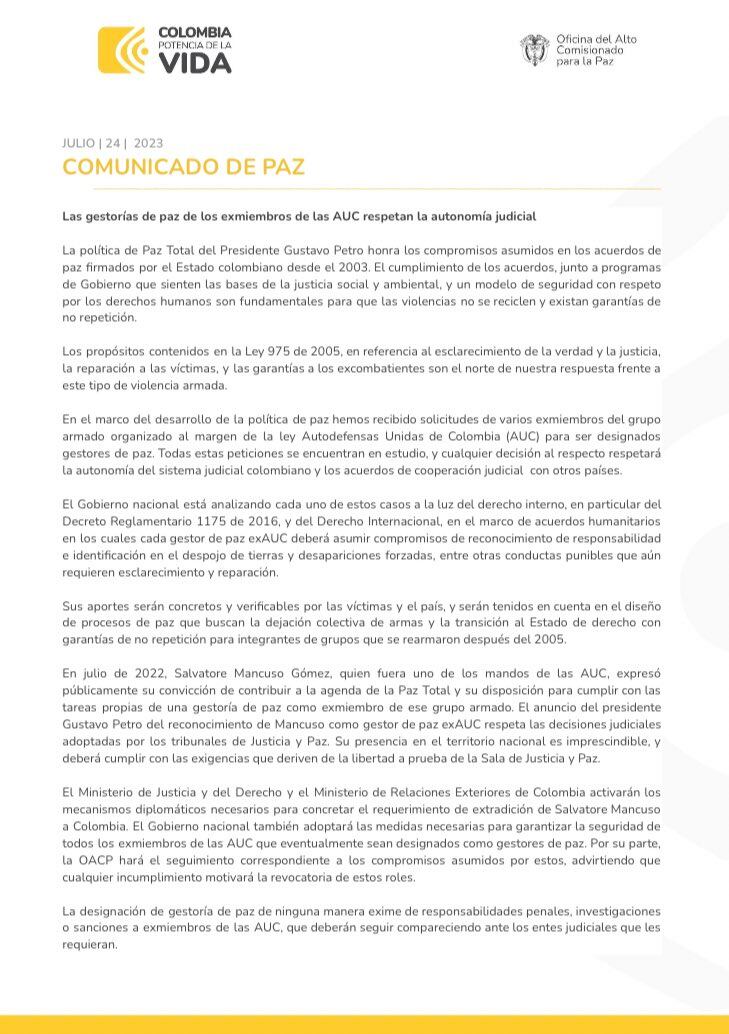Comunicado de la oficina del alto comisionado para la Paz sobre la extradición de Salvatore Mancuso