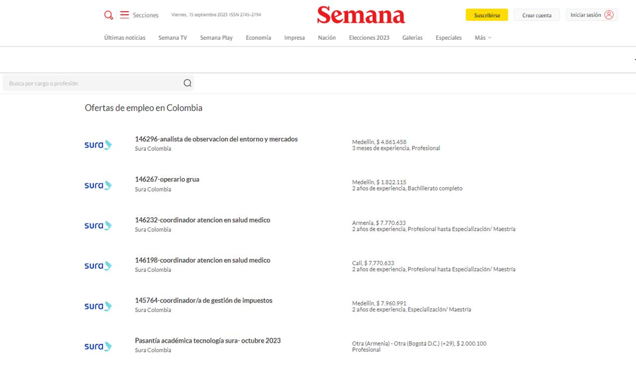 Ofertas laborales de Sura en Colombia.