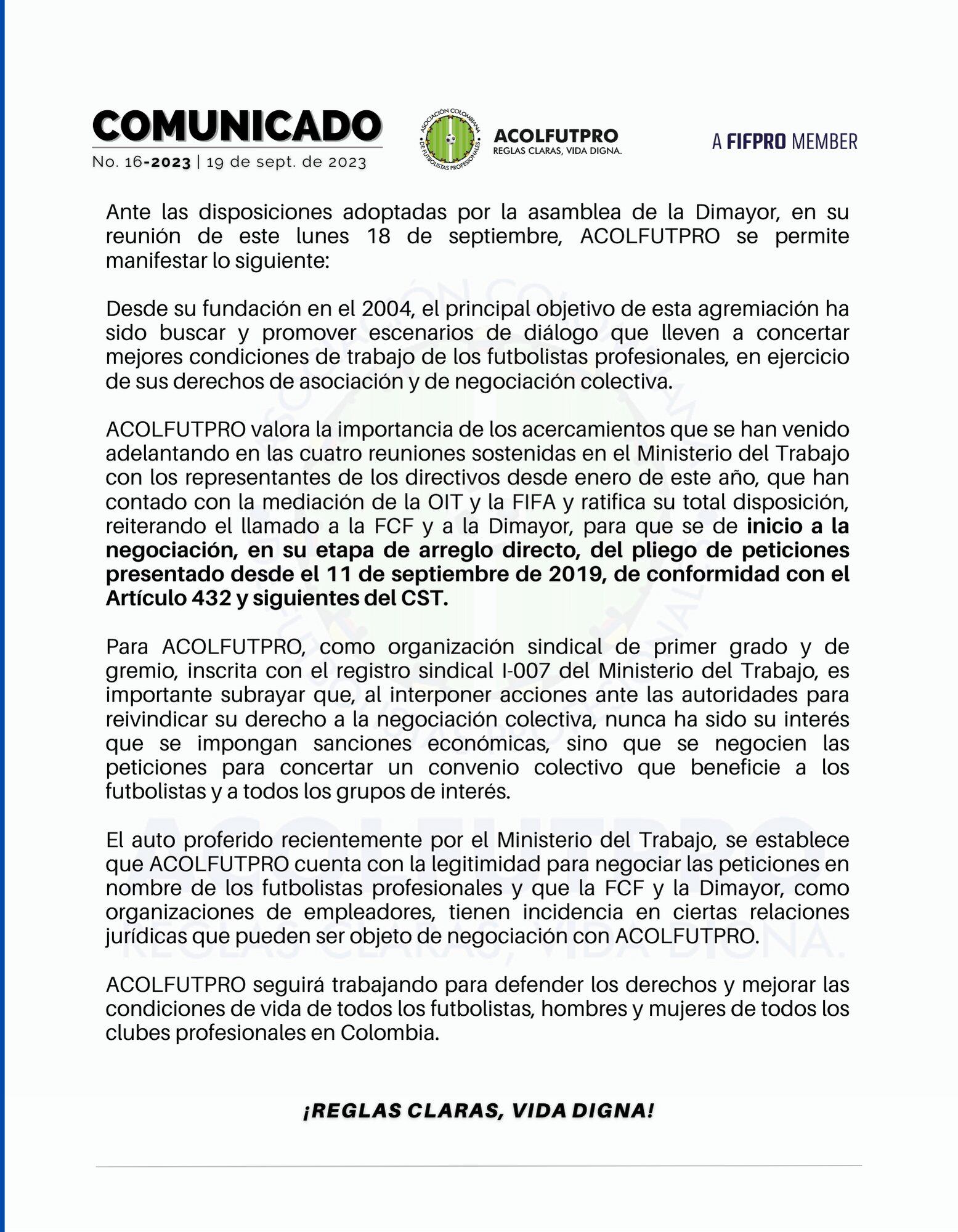 Comunicado de Acolfutpro tras la reciente asamblea de la Dimayor