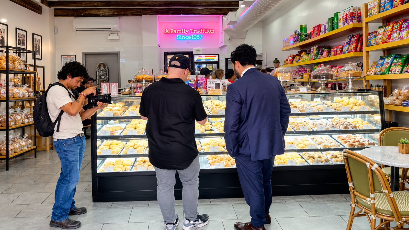 La primera autoridad de la Gran Manzana mirando la oferta de la panadería colombiana.