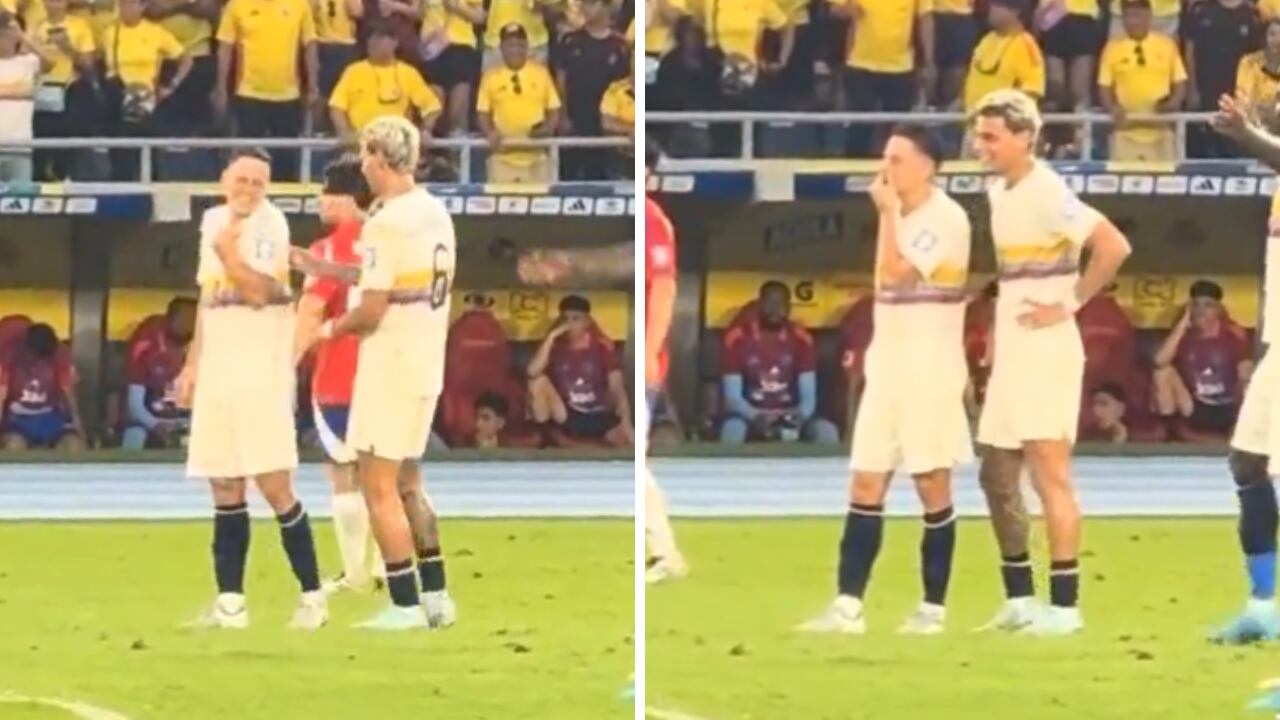 Richard Ríos bromea con Santiago Arias en plena grama del Metropolitano.