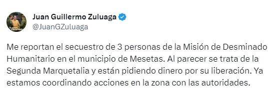 El gobernador del Meta confirma el secuestro