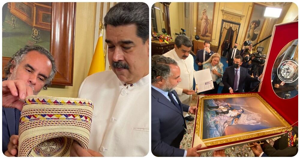 Armando Benedetti regaló un sombrero vueltiao a Maduro y el presidente de Venezuela le obsequió un cuadro de Simón Bolívar.