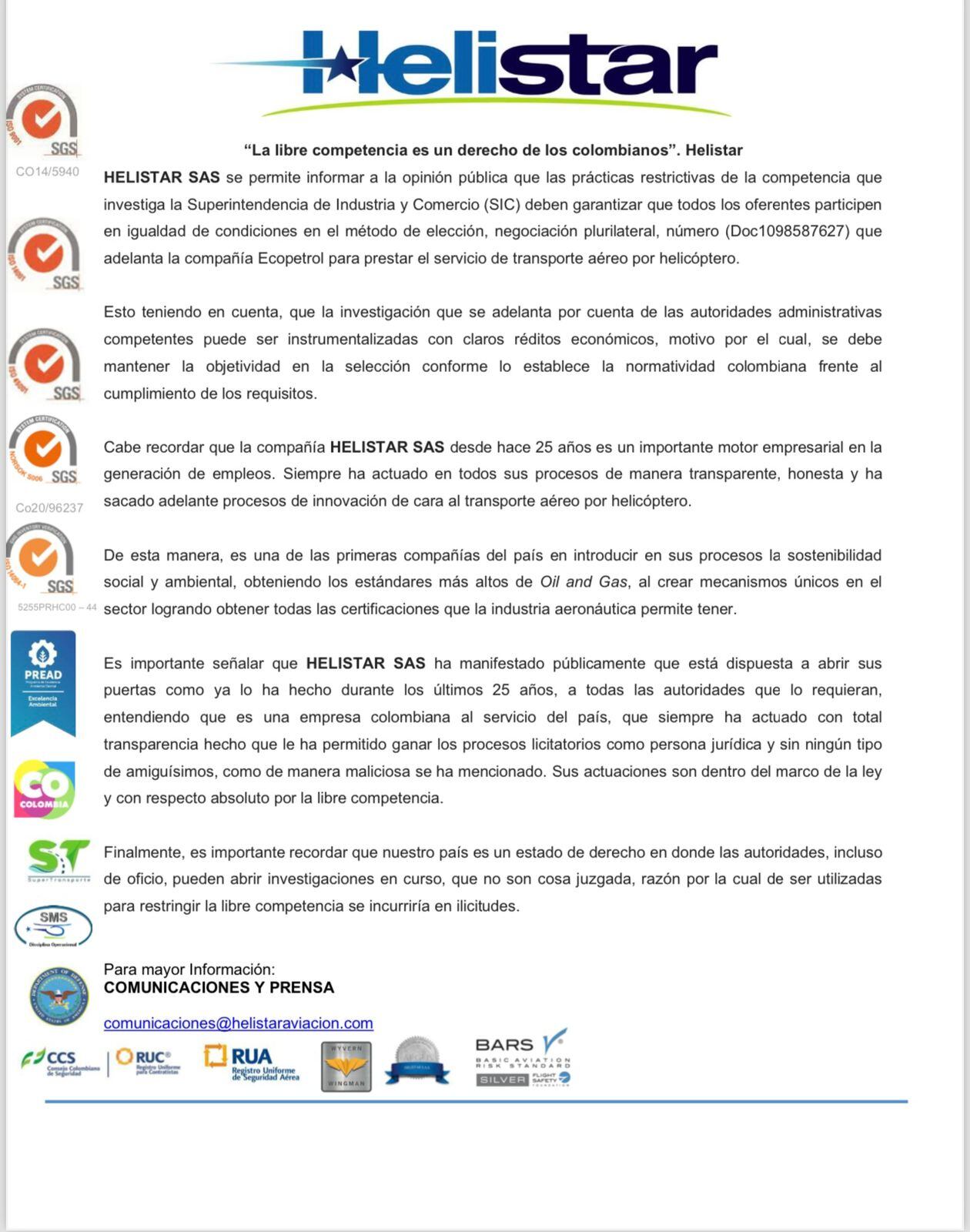 Comunicado de Helistar.
