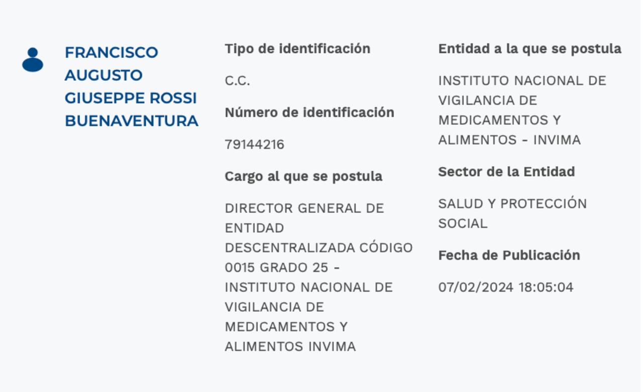 Hoja de vida de Francisco Rossi está publicada en Aspirantes.