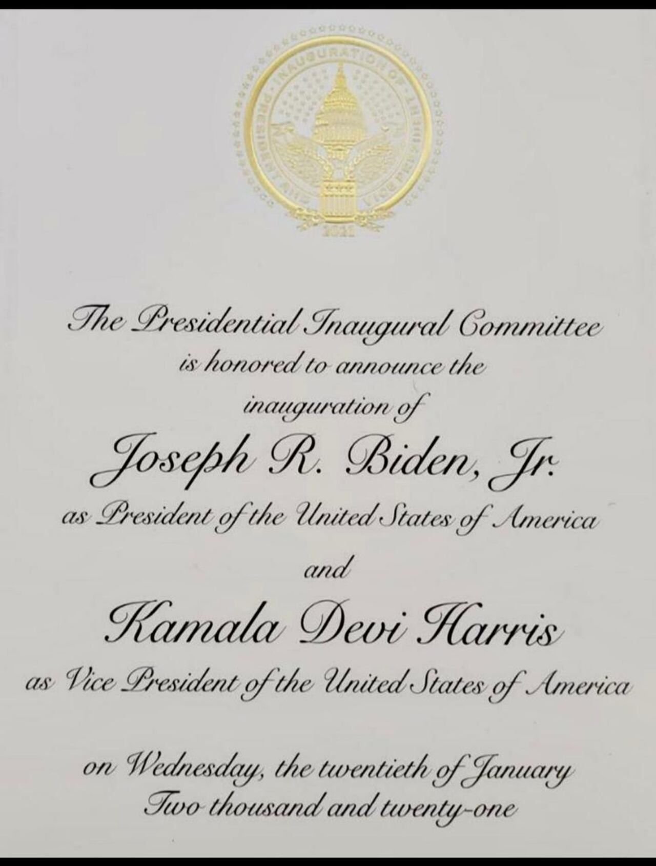 Invitación a la posesión de Joe Biden