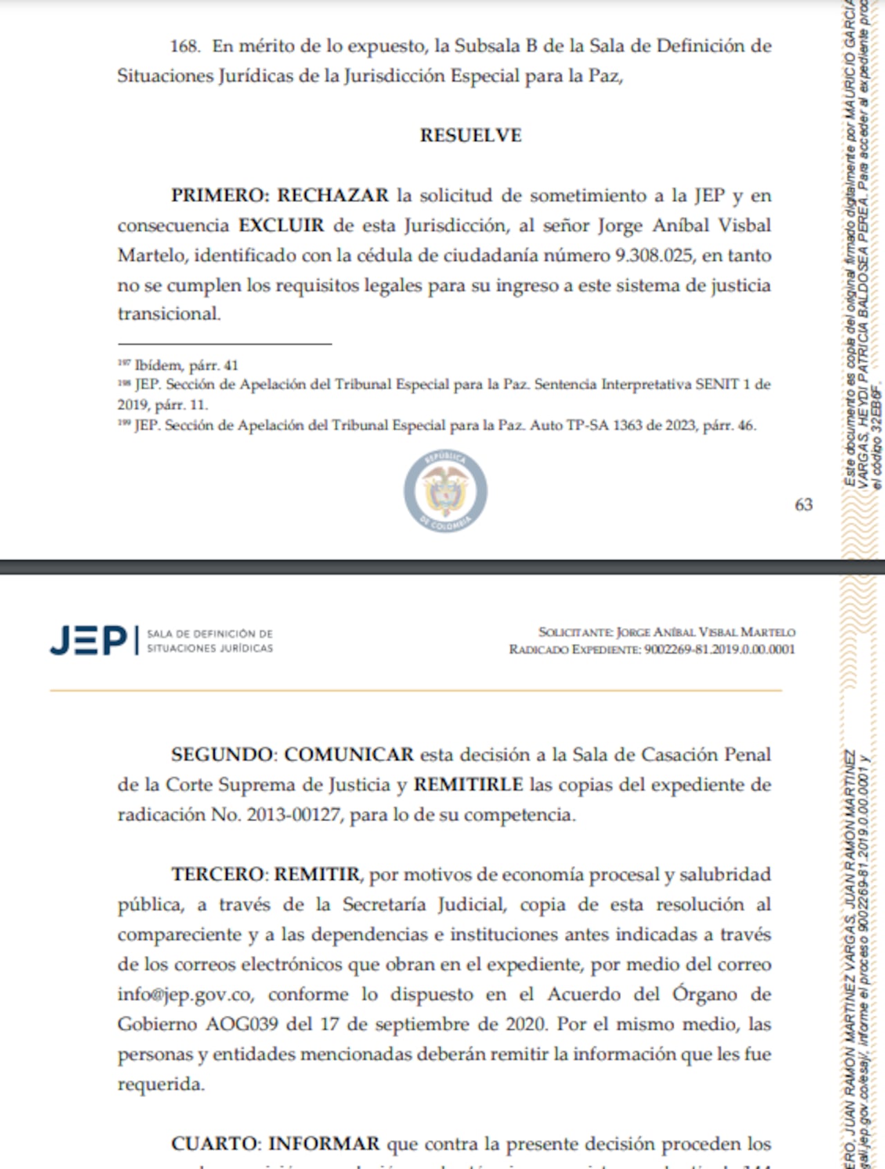 El expresidente del Fondo Nacional de Ganaderos, Jorge Visbal Martelo se quedó por fuera de la JEP.