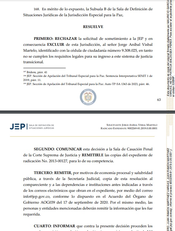 El expresidente del Fondo Nacional de Ganaderos, Jorge Visbal Martelo se quedó por fuera de la JEP.