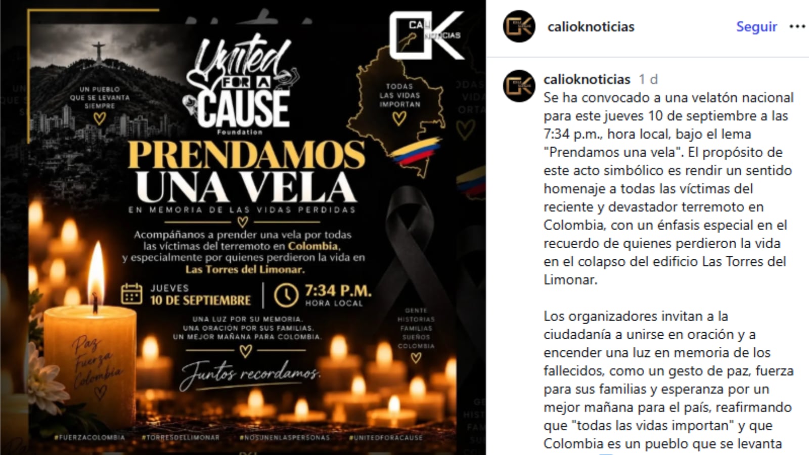 La velatón que circula en redes sociales invita a encender una vela este 10 de septiembre en memoria de las víctimas del terremoto y en solidaridad con las familias afectadas.