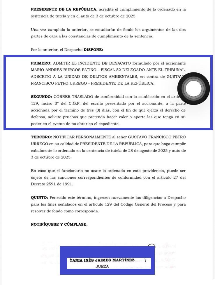 Un juzgado le ordenó al presidente Petro cumplir retractación por señalamientos al fiscal Mario Burgos.