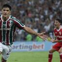 German Cano of Brazil's Fluminense celebrates scoring the opening goal against Argentina's River Plate during a Copa Libertadores group D soccer match at Maracana stadium in Rio de Janeiro, Brazil, Tuesday, May 2, 2023. (AP Photo/Bruna Prado)