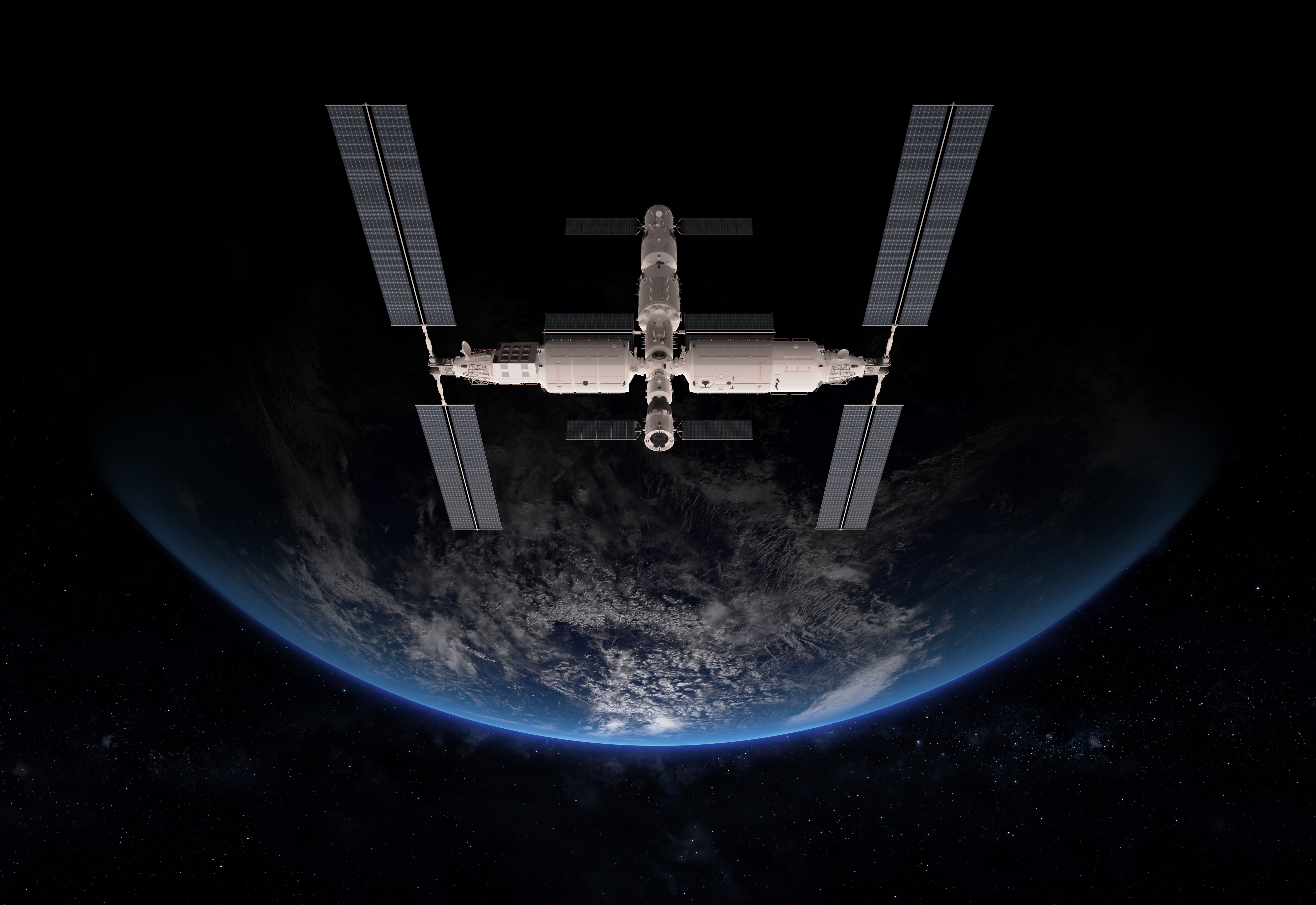 Estación espacial china Tiangong orbitando la Tierra. Mapas utilizados para el renderizado de octanaje