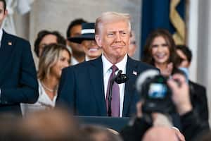 President Donald Trump speaks after taking the oath of office during the 60th Presidential Inauguration in the Rotunda of the U.S. Capitol in Washington, Monday, Jan. 20, 2025. (Kenny Holston/The New York Times via AP, Pool)