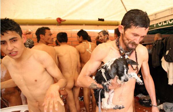 Hasta los perritos, fieles acompañantes de los habitantes de calle, entraron a las improvisadas duchas.