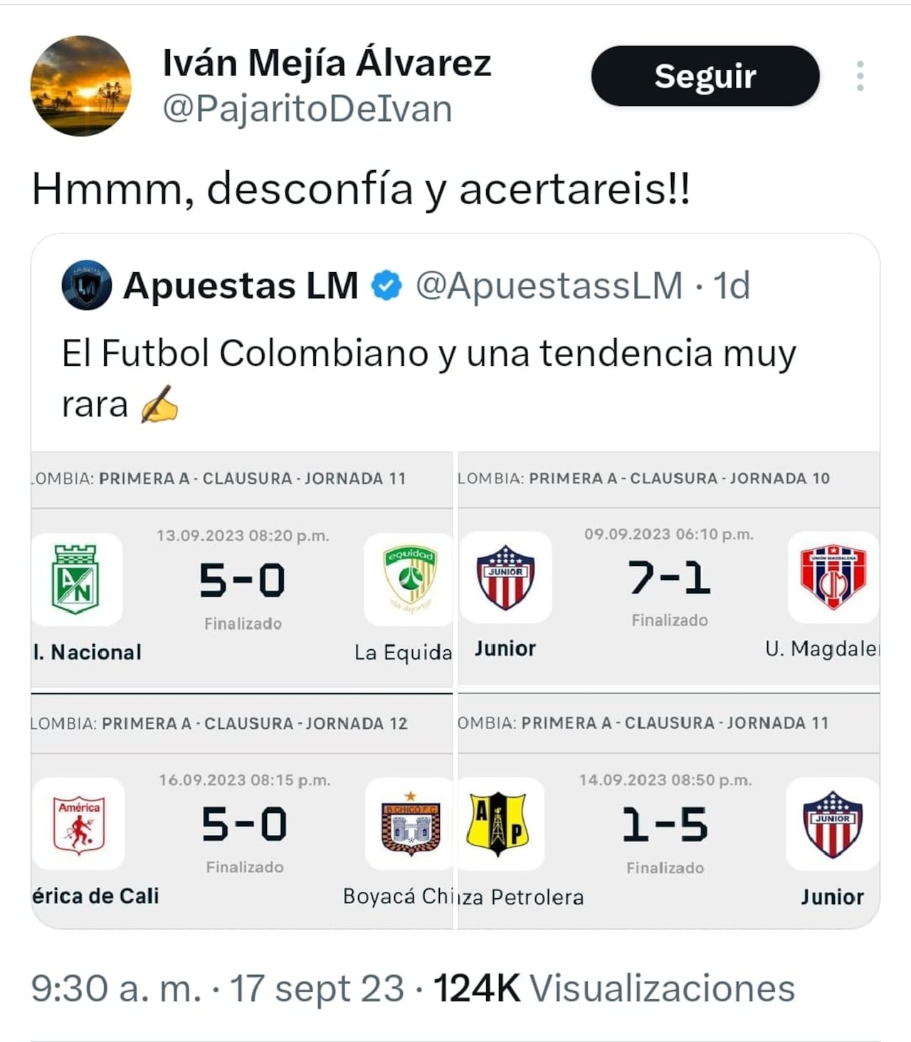 El trino de Iván Mejía que desató la polémica en el país por presuntos amaños.