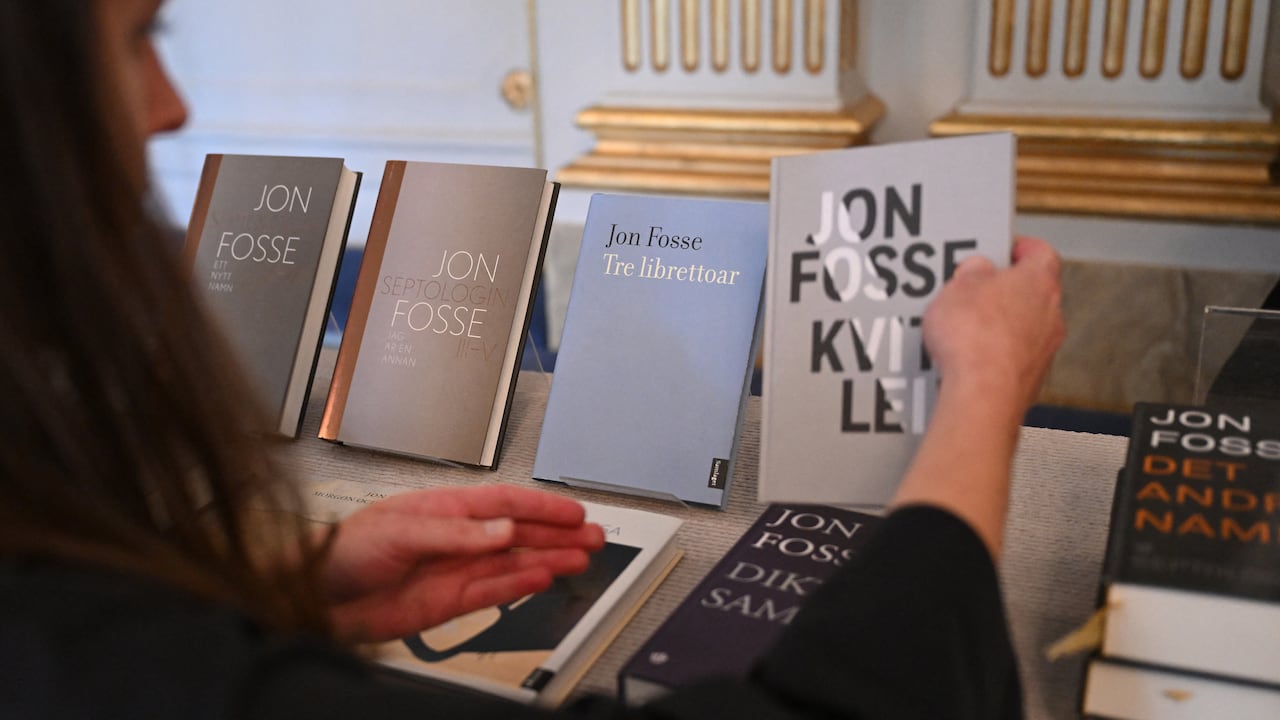 Books by Norwegian author Jon Fosse are displayed after the announcement of the winners of the 2023 Nobel Prize in literature at Swedish Academy in Stockholm on October 5, 2023. The Swedish Academy awarded the Nobel Literature Prize to Norwegian playwright Jon Fosse, whose plays are among the most widely staged of any contemporary playwright in Europe. (Photo by Jonathan NACKSTRAND / AFP)