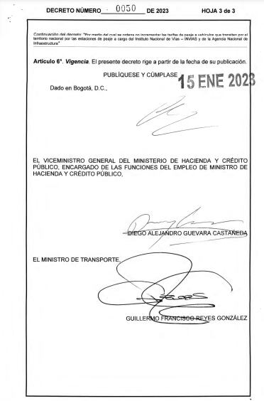Decreto de peajes firmado
