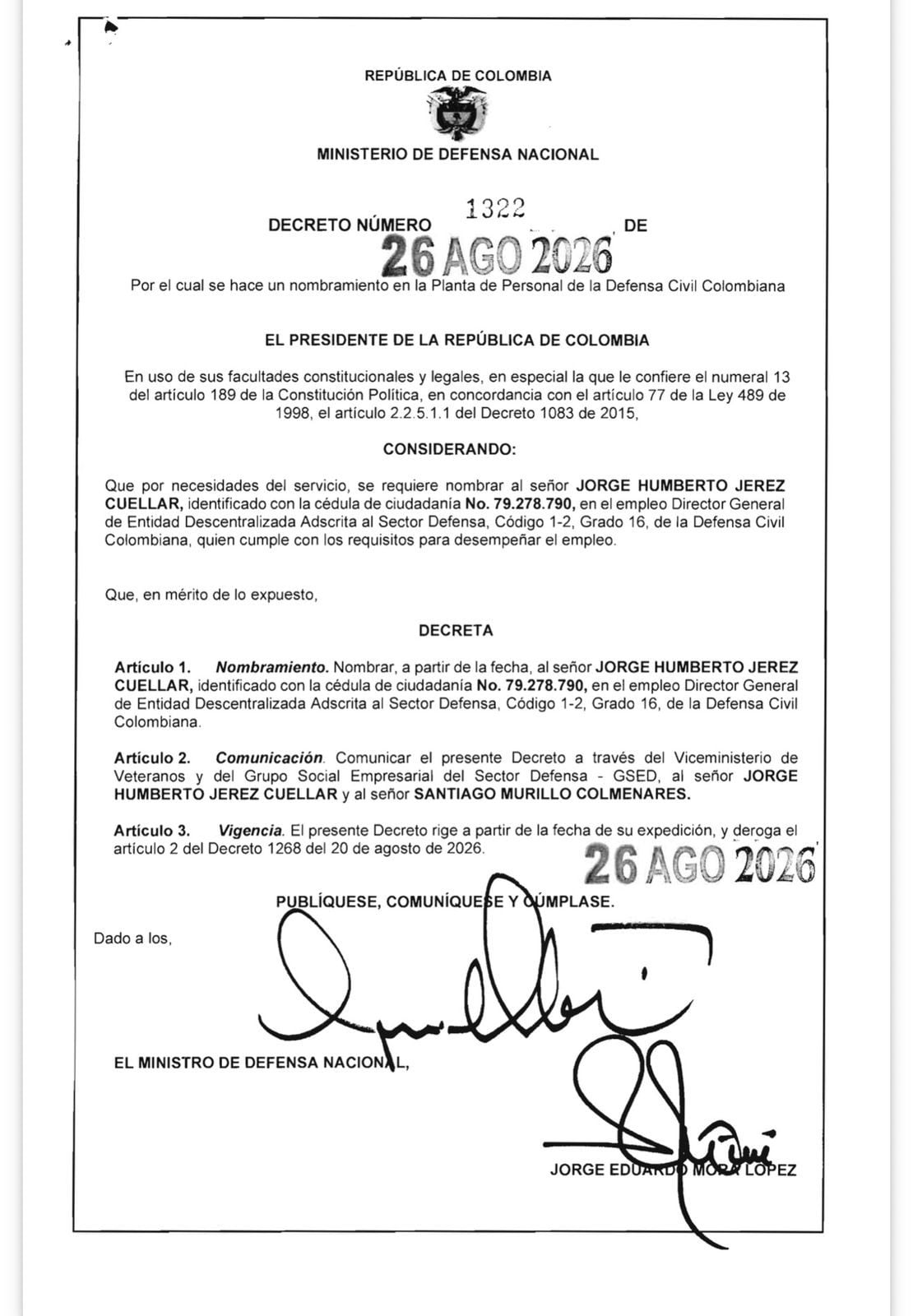 Decreto de nombramiento del general Jorge Humberto Jerez, como Director de la Defensa Civil.