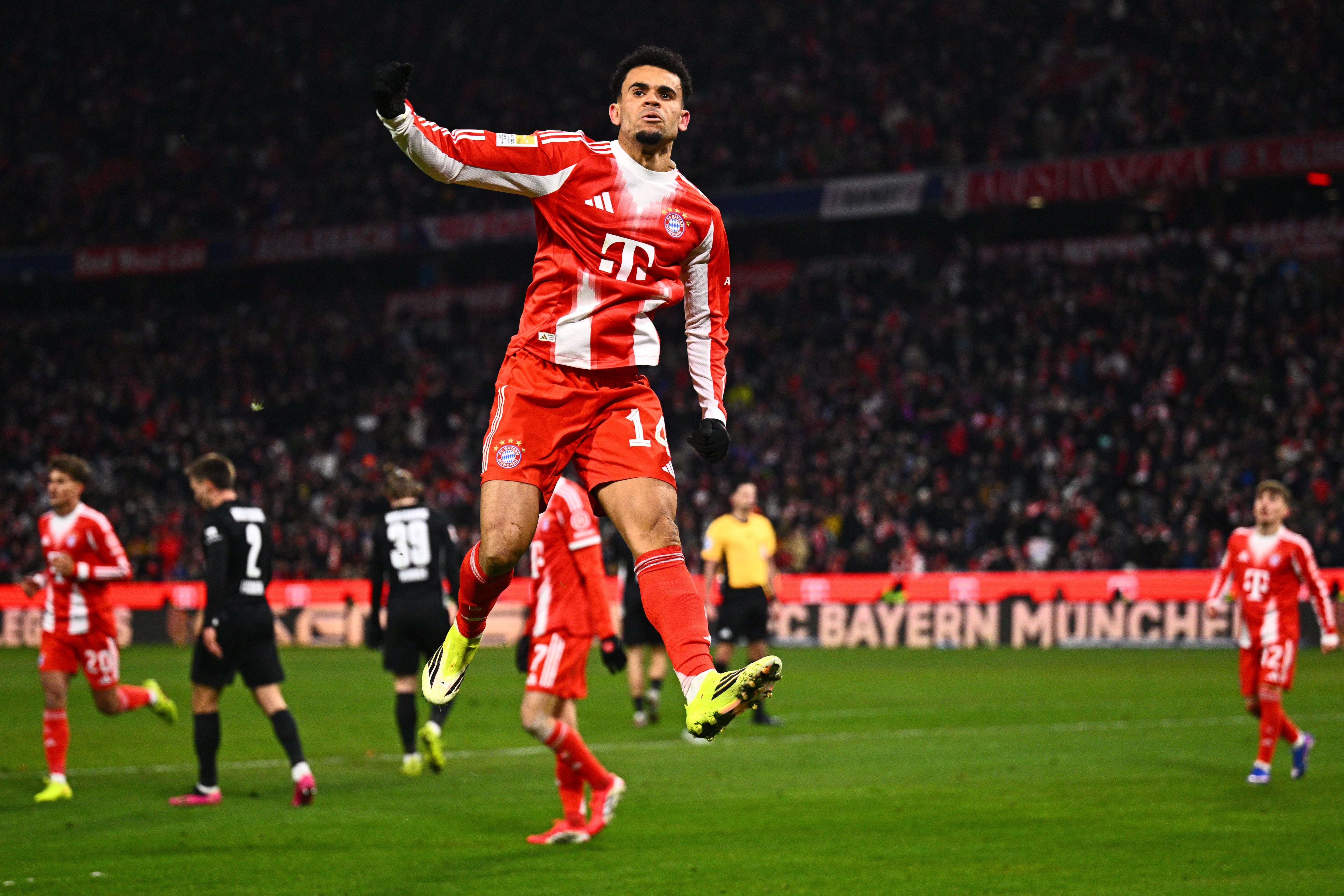 Munich's Luis Diaz celebrates scoring during the Bundesliga soccer match between Bayern Munich and VfL Wolfsburg in Munich, Germany, Sunday Jan. 11, 2026. (Tom Weller/dpa via AP)