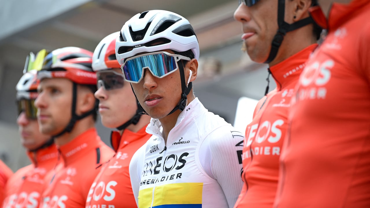 INEOS Grenadiers' Colombian cyclist Egan Bernal (C) stands on the podium prior the start of the first stage of the 2025 Volta a Catalonya cycling tour of Catalonya, a 178,3 km loop starting and finishing in Sant Feliu de Guixols, on March 24, 2025. (Photo by Josep LAGO / AFP)