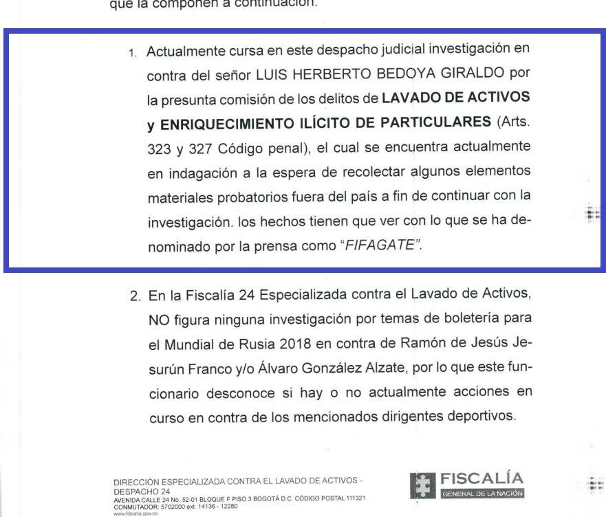Fiscalía indaga al expresidente de la Federación Colombiana de Fútbol, Luis Bedoya.