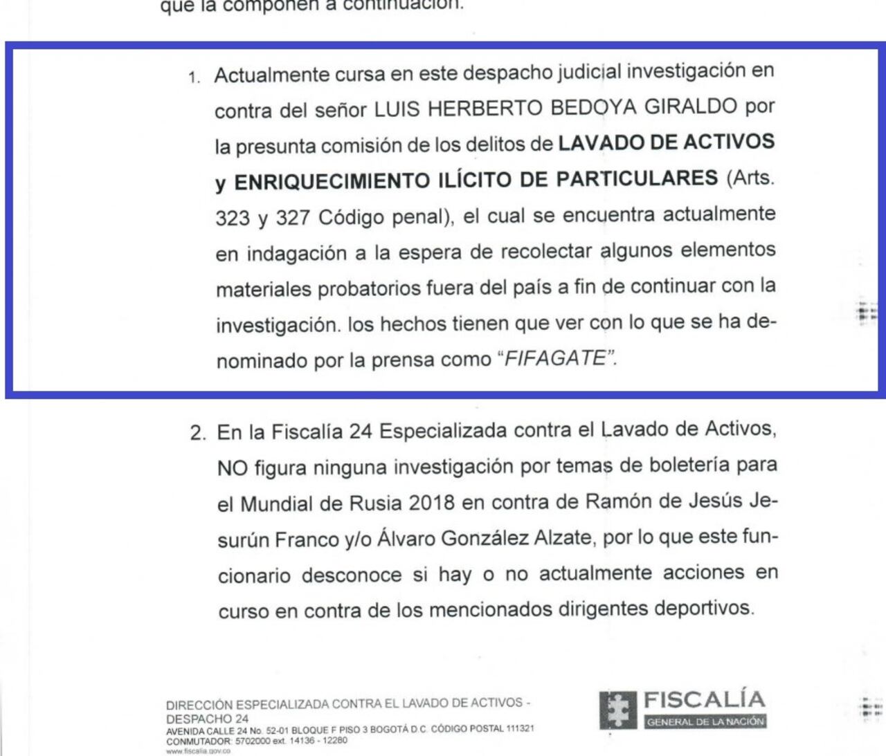 Fiscalía indaga al expresidente de la Federación Colombiana de Fútbol, Luis Bedoya.