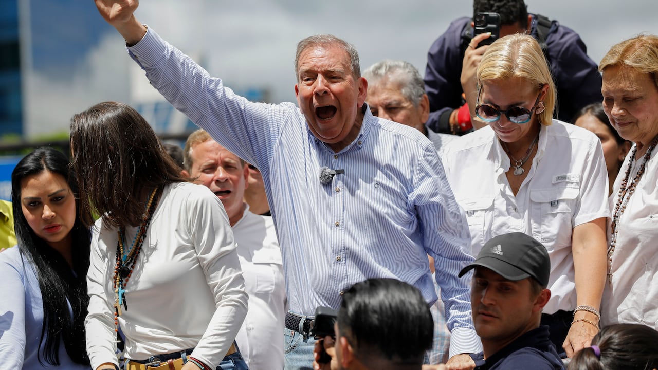 Opposition presidential candidate Edmundo Gonzalez leads a demonstration against the official election results that declared that President Nicolas Maduro won reelection in Caracas, Venezuela, Tuesday, July 30, 2024. (AP Photo/Cristian Hernandez)