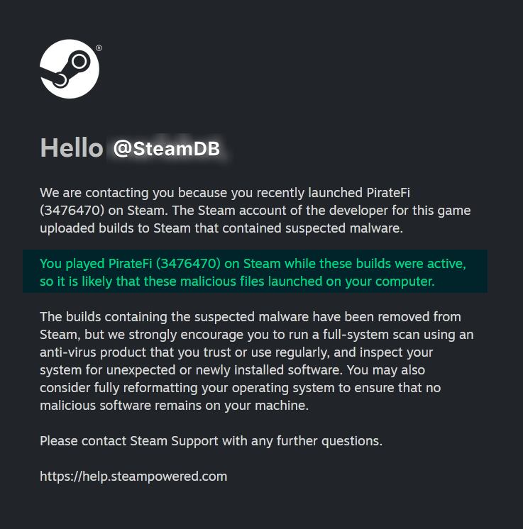 Ante el riesgo de infección, Steam sugirió un análisis de seguridad y la posible reinstalación del sistema operativo.