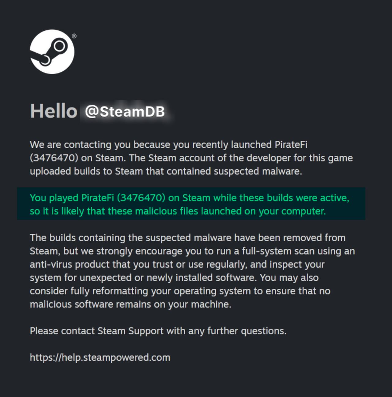 Ante el riesgo de infección, Steam sugirió un análisis de seguridad y la posible reinstalación del sistema operativo.