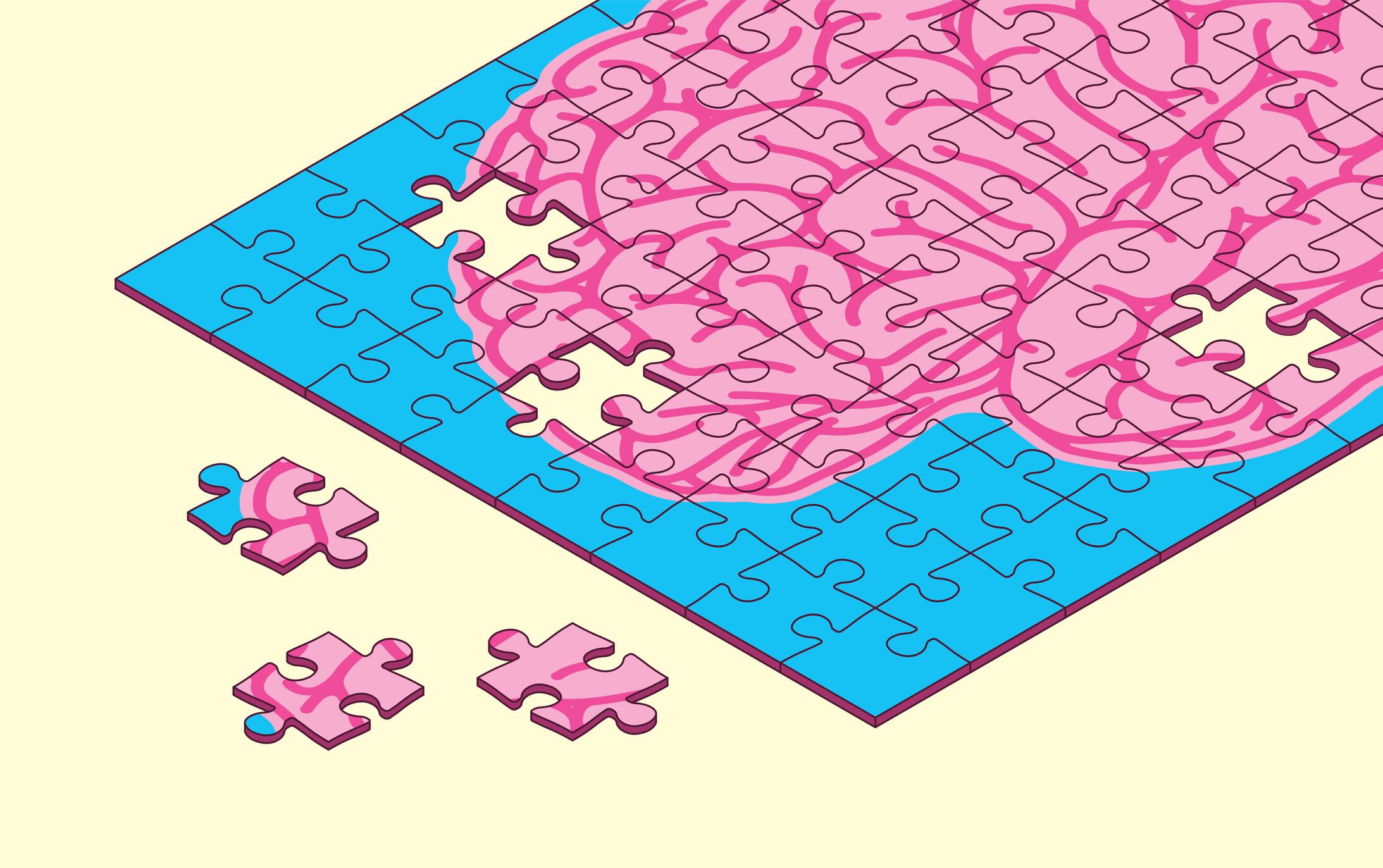 Human brain puzzle pieces with few missing pieces. Memory loss, Alzheimer's, Brain damage, Dementia,  Intelligence, Learning disability, Mind games, leisure games concept vector illustration.