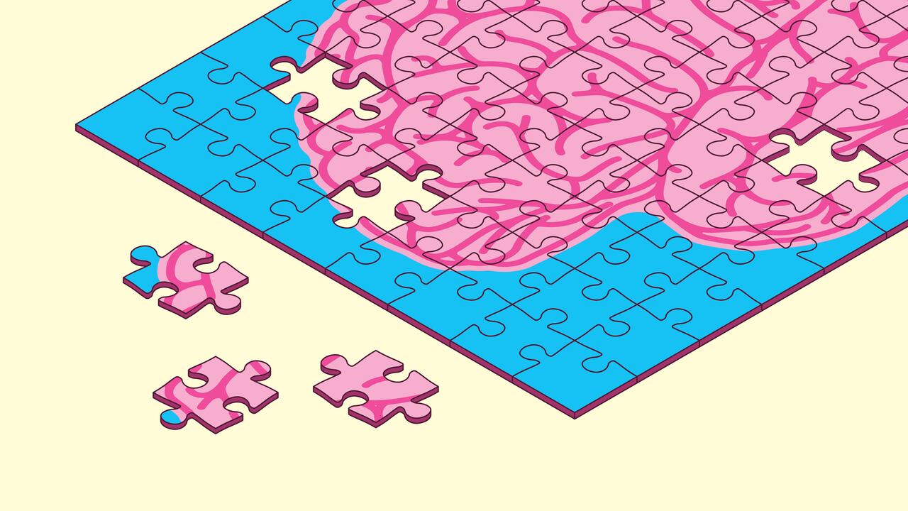 Human brain puzzle pieces with few missing pieces. Memory loss, Alzheimer's, Brain damage, Dementia,  Intelligence, Learning disability, Mind games, leisure games concept vector illustration.