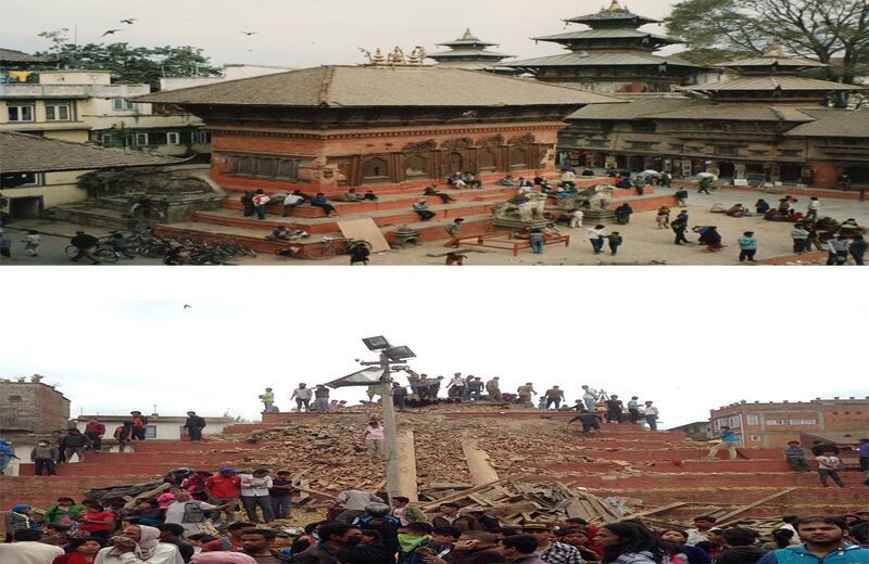En la parte superior aparece el monumento arquitectónico central de la Plaza de Dalbarl en Katmandú, en la parte inferior aparece el lugar tras el fuerte sismo. 