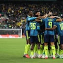 BALTIMORE, MARYLAND - SEPTEMBER 26: Luis Suárez #9 of Colombia celebrates with teammates after scoring his team's first goal during an international friendly match between Mexico and Colombia at M&T Bank Stadium on September 26, 2026 in Baltimore, Maryland. (Photo by Omar Vega/Getty Images)