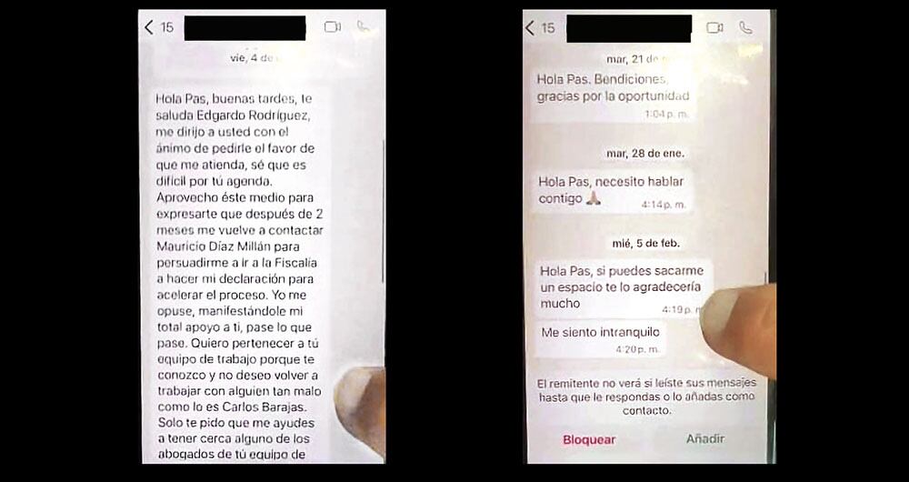 La defensa del alcalde de Bucaramanga compartió los mensajes que Edgardo Rodríguez le hizo llegar por WhatsApp.