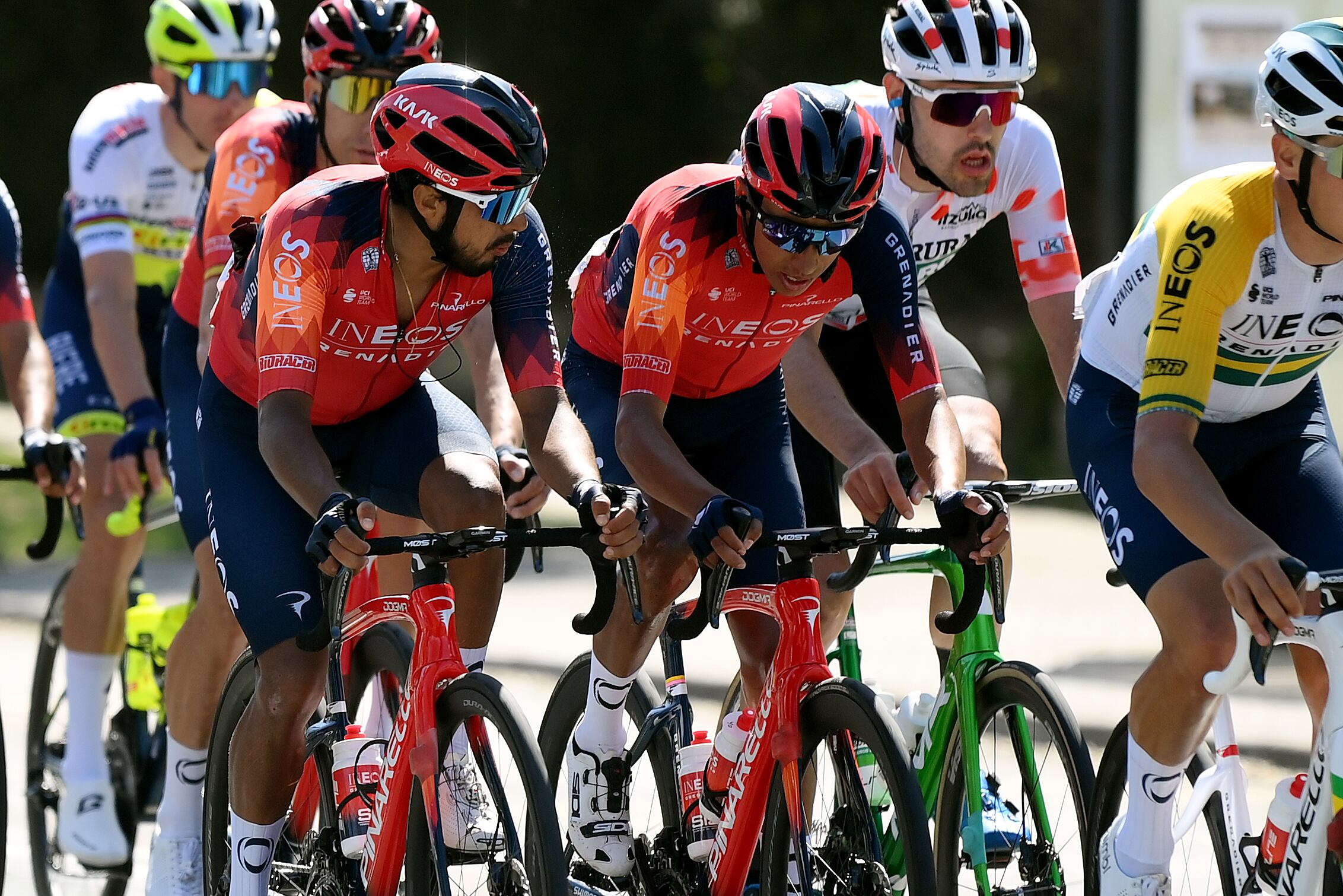 AMOREBIETA, SPAIN - APRIL 07: (L-R) Brandon Rivera of Colombia and Egan Bernal of Colombia and Team INEOS Grenadiers compete during the 62nd Itzulia Basque Country, Stage 5 a 165.9km stage from Amorebieta to Amorebieta on April 07, 2023 in Amorebieta, Spain. (Photo by David Ramos/Getty Images)