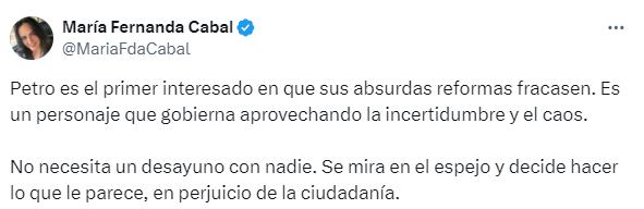 Cabal reaccionó a la cancelación de la reunión entre Petro y senadores.