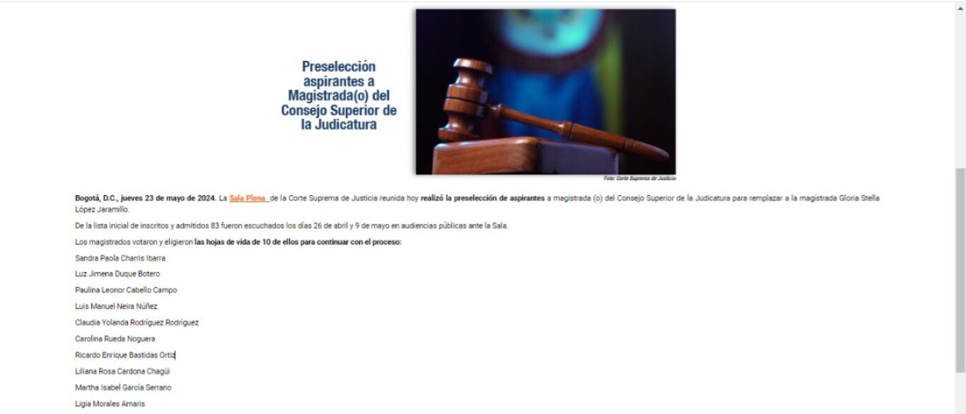 Lista de 10 aspirantes preseleccionados para el Consejo Superior de la Judicatura.