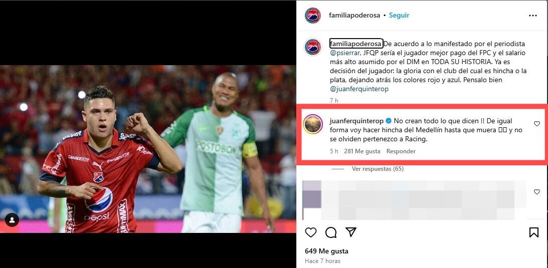 Respuesta de Juan Fernando Quintero a hincha del Medellín.