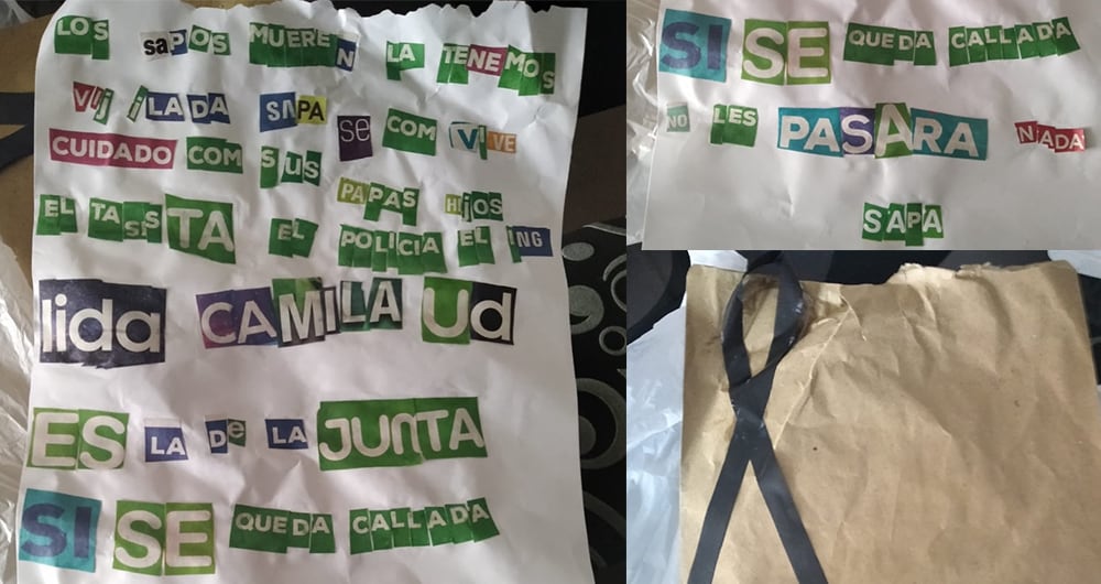 Carta anónima amenazante, enviada a la lideresa social Rosa Talero el 25 de febrero de 2021.