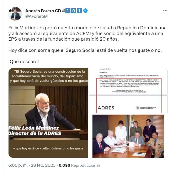 Tweet del representante Andrés Forero.