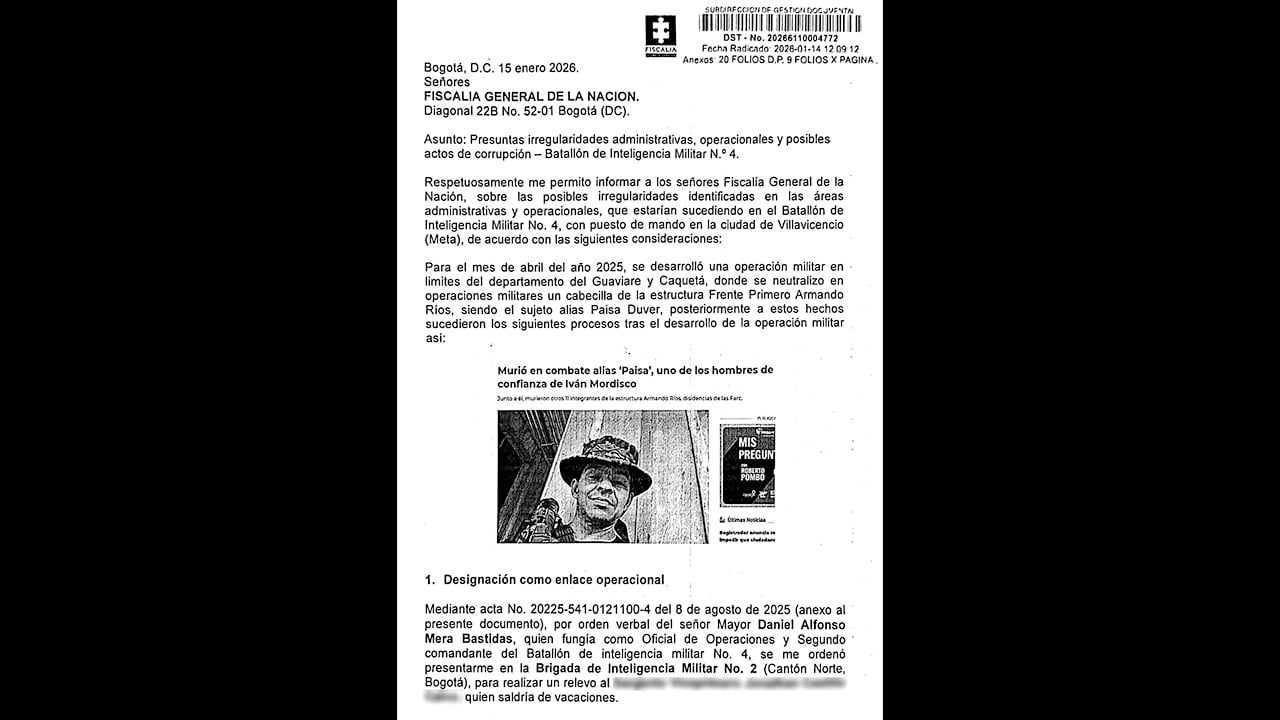 Documento de la Fiscalía sobre la investigación por supuestas irregularidades y actos de corrupción dentro del Ejército.