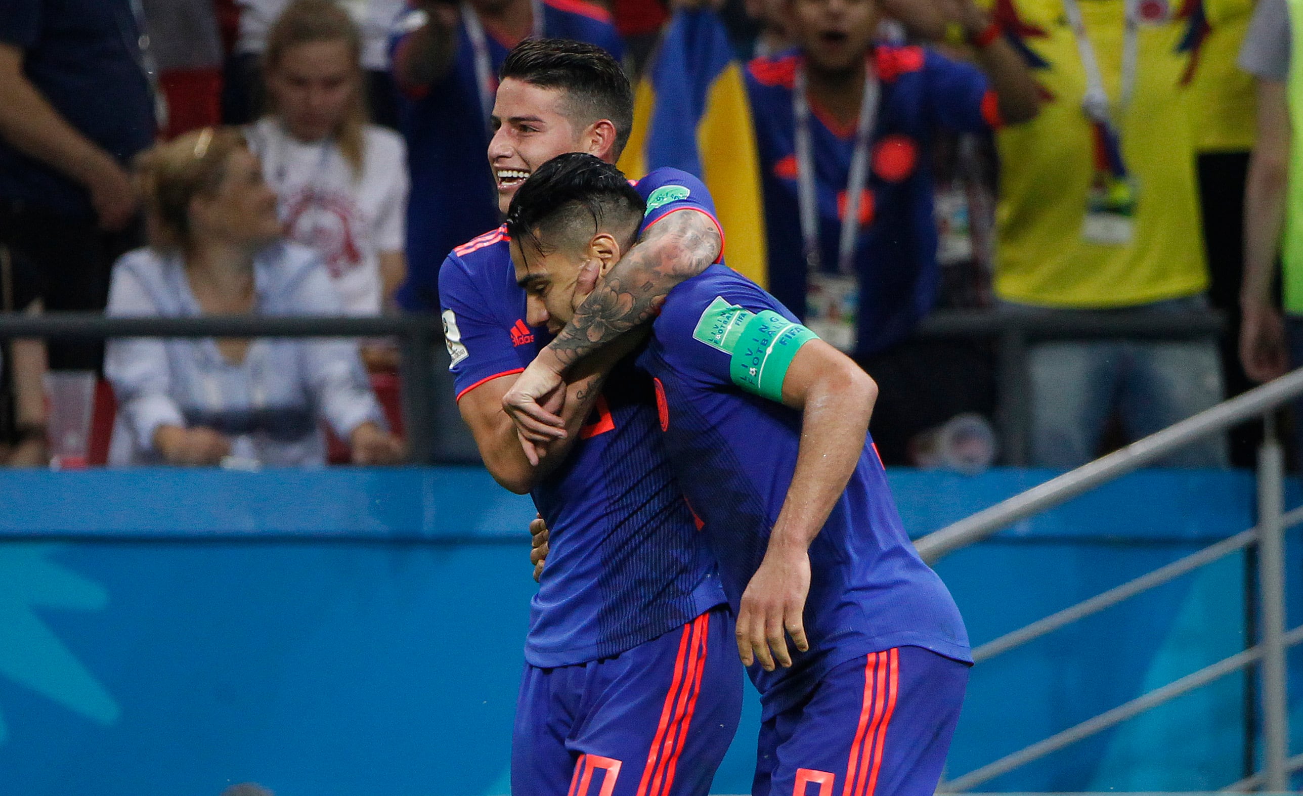 Kazán. Junio 24 del 2018. En el Kazán Arena Stadium, la selección Colombia venció 3-0 a la Selección de Polonia partido disputado por el Grupo H. En la foto: James Rodríguez (IZquierda) y Radamel Falcao García (Derecha). (Colprensa - Luis Álvarez)
