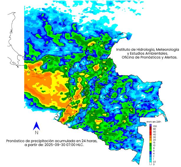 La escala de colores indica la cantidad de precipitación acumulada (en milímetros) el 30 de septiembre de 2025